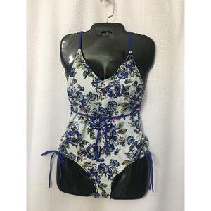 A.N.A. Women's One Piece Swimsuit Blue Floral Padded Side Ruched  Size Medium